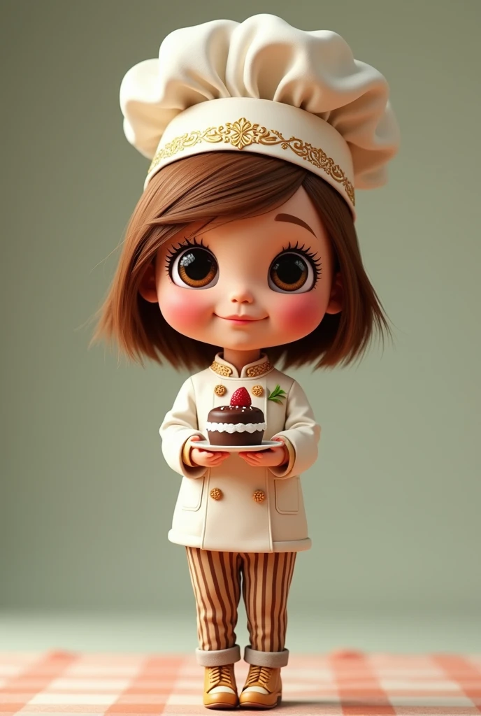 Pixar Disney, Create a series of cute girls, with a lovely confectioner theme., each with lots of detail and in 8K resolution. All puppets must follow the same solid background pattern and be complete in the image, showing the (fully body, including the legs: 1.5)
Mini Chef Doll: Call her Marina. She must have short, straight hair in a brownish brown tone.. Your eyes should be large and expressive, with long eyelashes and rosy cheeks. Delicate and white smile. Sophie must be wearing a chef's jacket, striped pants and an ornate chef's hat. She must hold a chocolate brigadier in her hands. Certifique-se de adicionar detalhes nas badass clothing, like buttons and pockets, beautiful shoe Be sure to add shadows, textures and details in the hair, badass clothing, confectionery utensils, to make them even more adorable and charming.