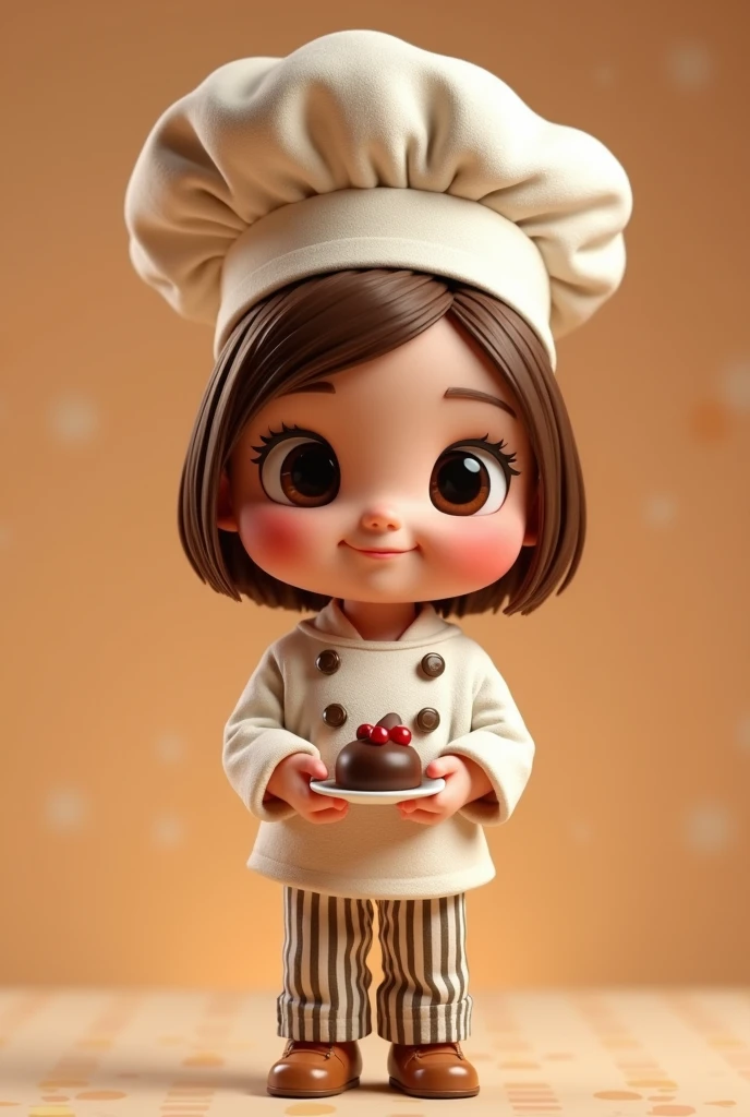 Pixar Disney, Create a series of cute girls,  with a lovely confectioner theme., each with lots of detail and in 8K resolution. All puppets must follow the same solid background pattern and be complete in the image, showing the (fully body, including the legs: 1.5)

Mini Chef Doll: Call her Marina. She must have short, straight hair in a brownish brown tone.. Your eyes should be large and expressive, with long eyelashes and rosy cheeks. Delicate and white smile. Sophie must be wearing a chef&#39;s jacket, striped pants and an ornate chef's hat. She must hold a chocolate brigadier in her hands. Certifique-se de adicionar detalhes nas badass clothing, like buttons and pockets, beautiful shoe Be sure to add shadows, textures and details in the hair, badass clothing, confectionery utensils, to make them even more adorable and charming.