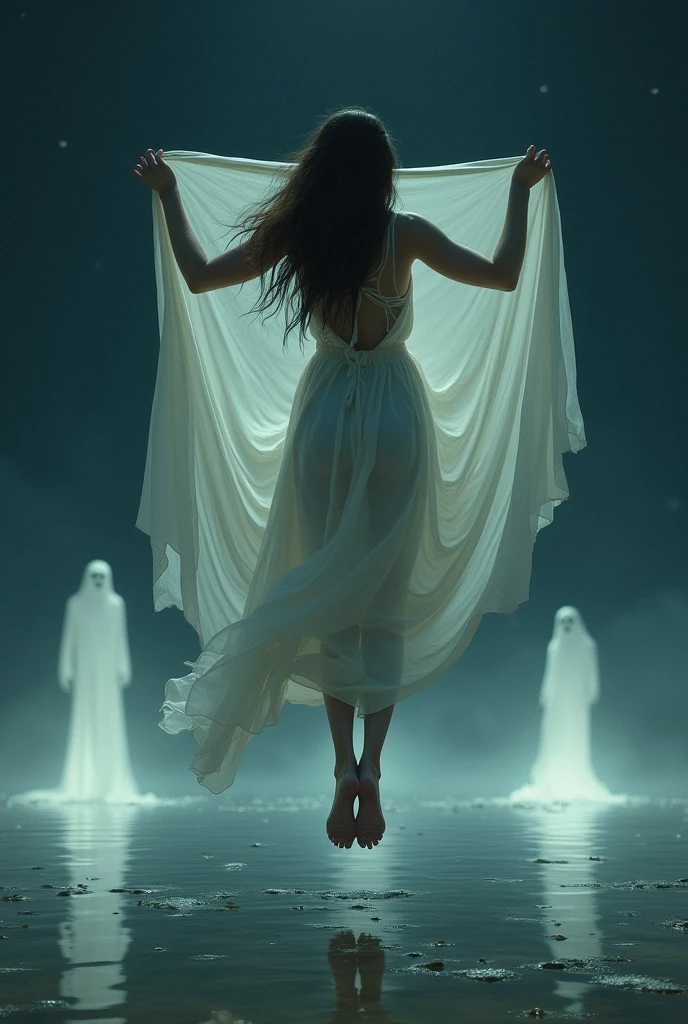 A woman standing in water holding a sheet。, 彼女は空中にFloating, inspired Brooke Shaden, dream-like、Ethereal、And dark, Ethereal frame, At night, Floating Ghosts, Floating, Brooke Shaden, 砂漠のAt night浮かぶ, Rise from the ground, Wearing a loose white dress, Mysterious and otherworldly