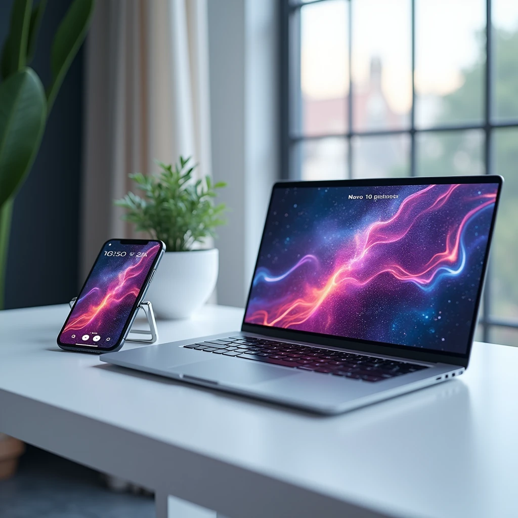 mockup, mobile and laptop on a desk, mockup ads, creative, best art, best colors, perfect details, high quality ,