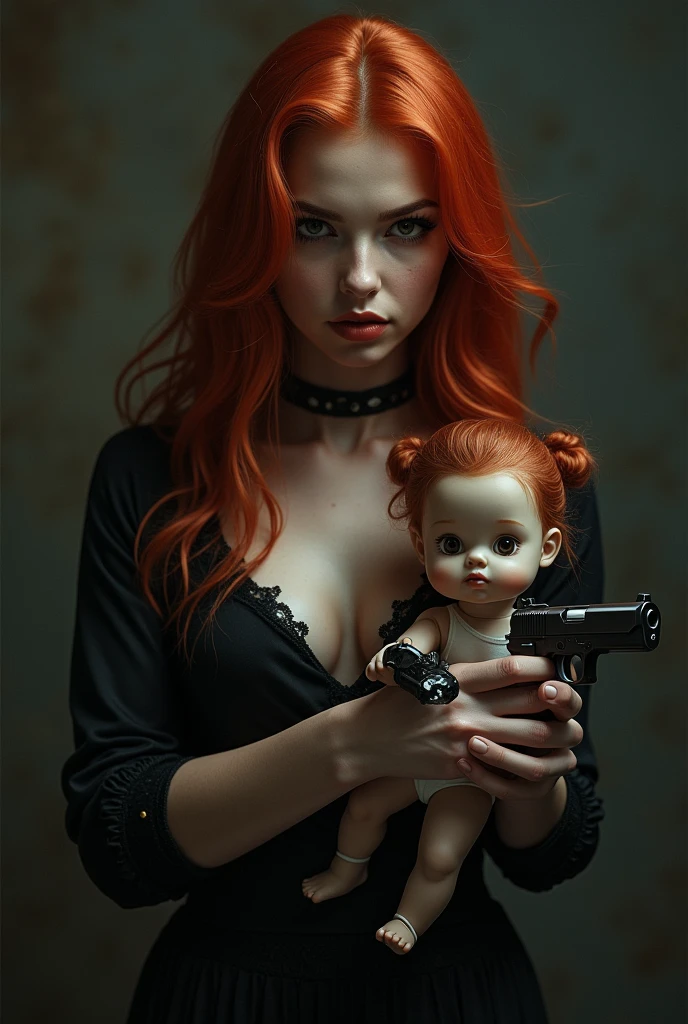 a , with long red hair, holding a doll in one hand, and a pistol in the other hand