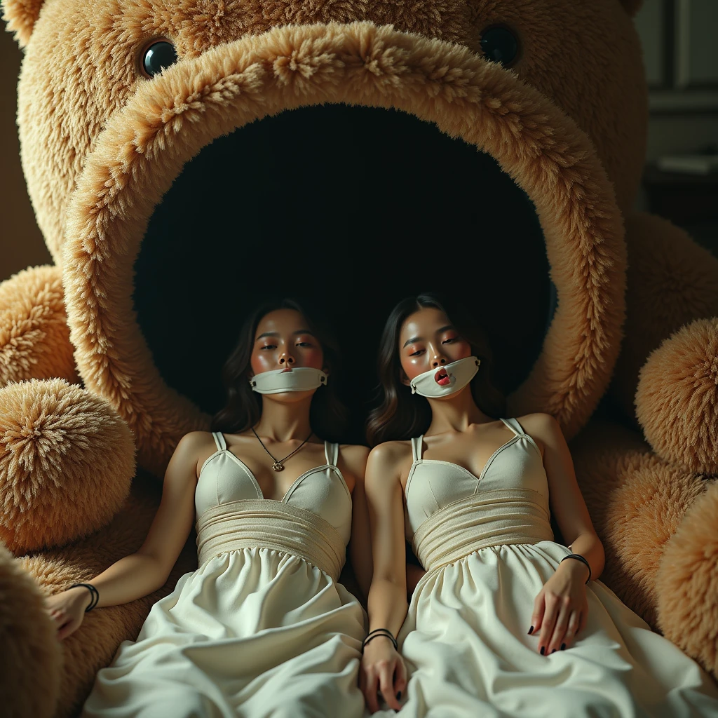 A 2 beautiful Asian woman is bound and gagged in a huge plush sleepbag, the sleep bag is cover her whole body. The sleepbag is inside the mouth of a huge brown teddy bear plush, the plush is large occupying most of the picture, the woman appears to be relaxed. The teddy bear is appearntly attempting to eat the woman in her