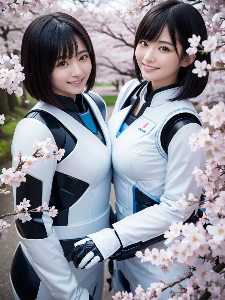 Japanese female android sisters,Black Hair,White and blue robot suit,Plump,Looking up at the cherry blossoms in full bloom,Close-up,smile,