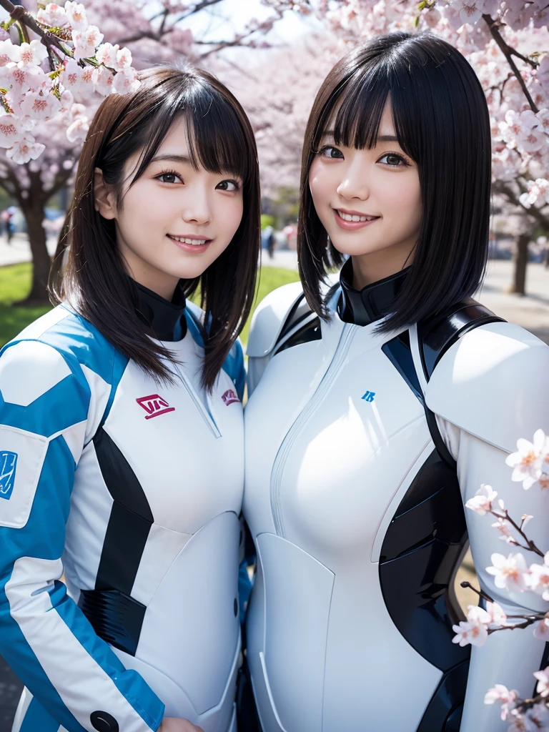 Japanese female android sisters,Black Hair,White and blue robot suit,Plump,Looking up at the cherry blossoms in full bloom,Close-up,smile,