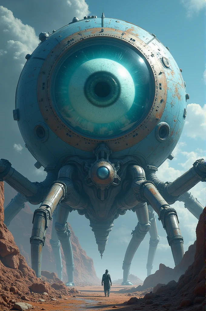 huge blue spaceship with a glass dome enclosing an eyeball. His arms are clubs that he spins to attack. He has metal limbs, spider-like, coming from the bottom of the spaceship.