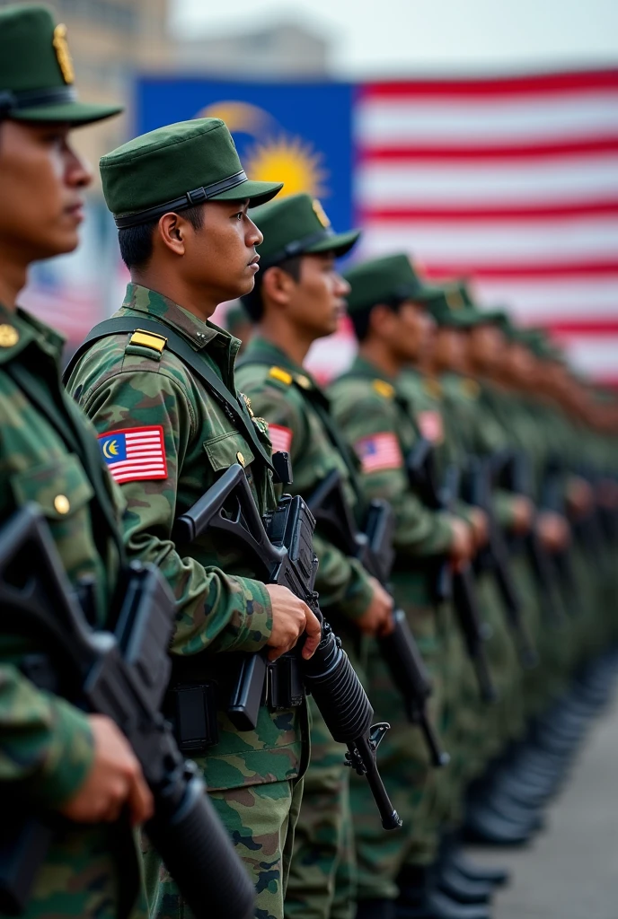 lineup soldier wear camouflage green, dark green, black. Full army uniform. Hand holding ak47. On the road. Hundred of soldier. independence day Malaysia. Malaysia flag on sleeve