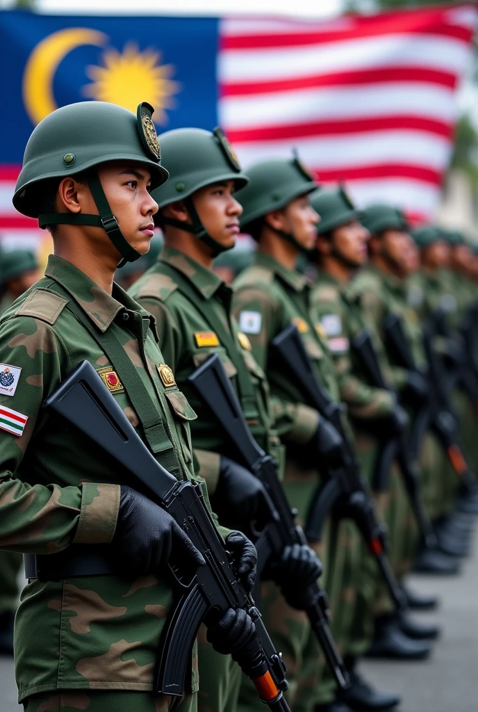 lineup soldier wear camouflage green, dark green, black. Full army uniform. Hand holding ak47. On the road. Hundred of soldier. independence day Malaysia. Malaysia flag on sleeve
