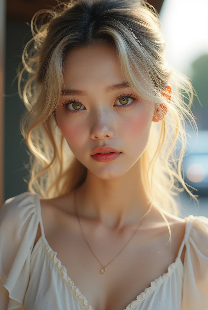 One Japanese woman、Medium hair, Side Tail、Light blonde、favorite , Beautiful, shining eyes, Stars in my eyes,Crystal clear eyes、Natural color lip、Street Snap、20-year-old、8k、Highest quality、flat chest、Like reality、Realistic、Magazine Cover、Cancam's character、September issue