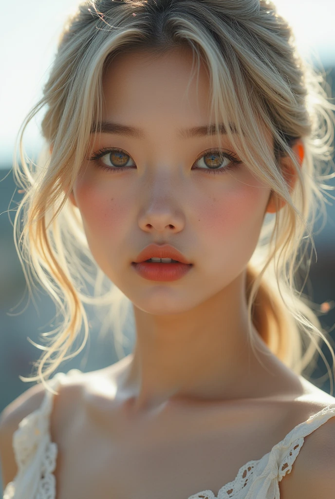 One Japanese woman、Medium hair, Side Tail、Light blonde、favorite , Beautiful, shining eyes, Stars in my eyes,Crystal clear eyes、Natural color lip、Street Snap、20-year-old、8k、Highest quality、flat chest、Like reality、Realistic、Magazine Cover、Cancam's character、September issue