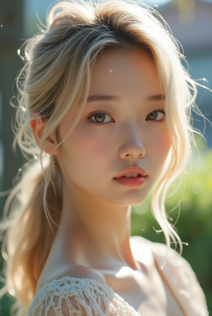 One Japanese woman、Medium hair, Side Tail、Light blonde、favorite , Beautiful, shining eyes, Stars in my eyes,Crystal clear eyes、Natural color lip、Street Snap、20-year-old、8k、Highest quality、flat chest、Like reality、Realistic、Magazine Cover、Cancam's character、September issue