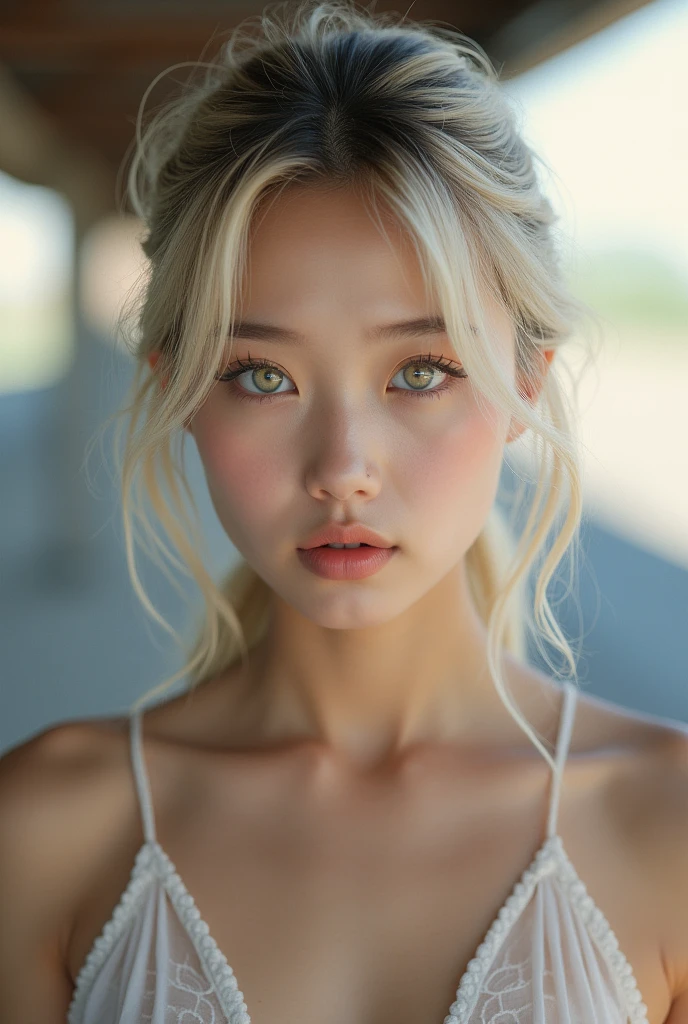 One Japanese woman、Medium hair, Side Tail、Light blonde、favorite , Beautiful, shining eyes, Stars in my eyes,Crystal clear eyes、Natural color lip、Street Snap、20-year-old、8k、Highest quality、flat chest、Like reality、Realistic、Magazine Cover、Cancam&#39;s character、September issue