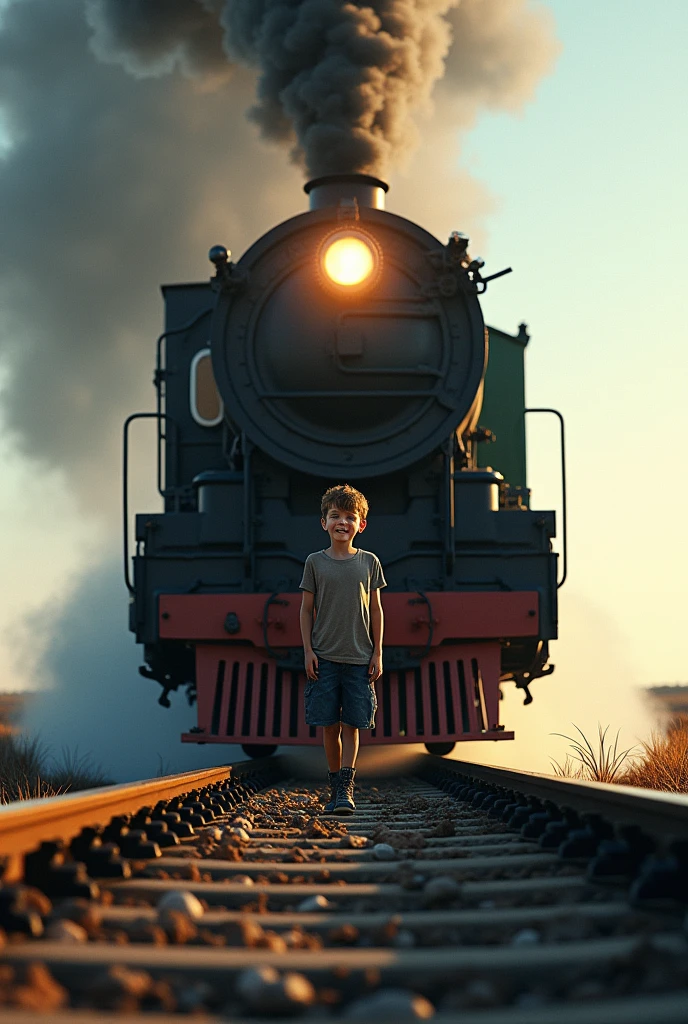 A train in the distance, approaching but coming to a stop, with its brakes screeching. The scene should convey the sense of imminent danger being averted.a boy was on the train front
  4k ultra realstick 