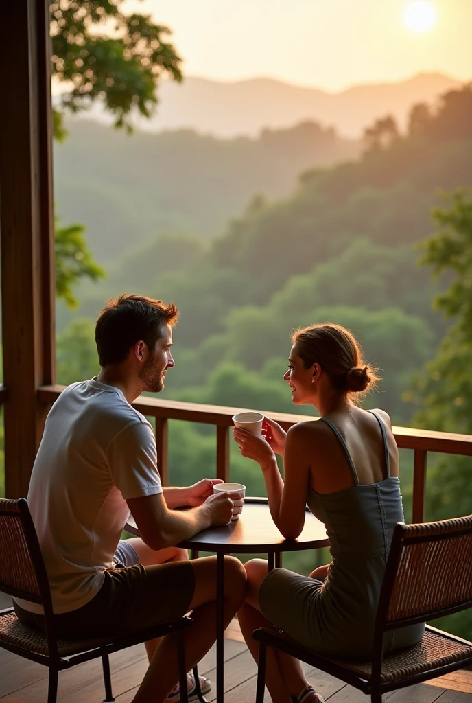 A couple enjoying morning coffee on a villa terrace overlooking the forest, serene expressions. Soft morning light, 50mm lens, warm tones