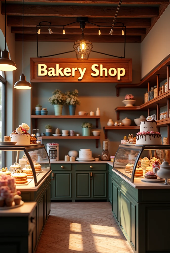 "Create a detailed image of a cozy bakery shop interior with a large sign that reads " Bakery shop ". Include a display case featuring a variety of cakes, including a decorated photo cake with a custom image on it. The setting should be inviting, with warm lighting and a charming, rustic design."
