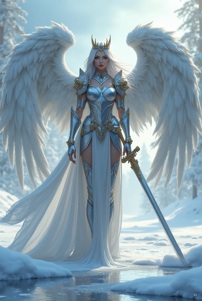 A tall stunningly beautiful girl, with calm grey eyes, oval shaped face, wearing a crown, with two wings sprouting from her back, her long legs and her body covered in a silver gold armor, her long silver-white hair flowing in snowy wind, near a frozen lake where she stands holding her long sword