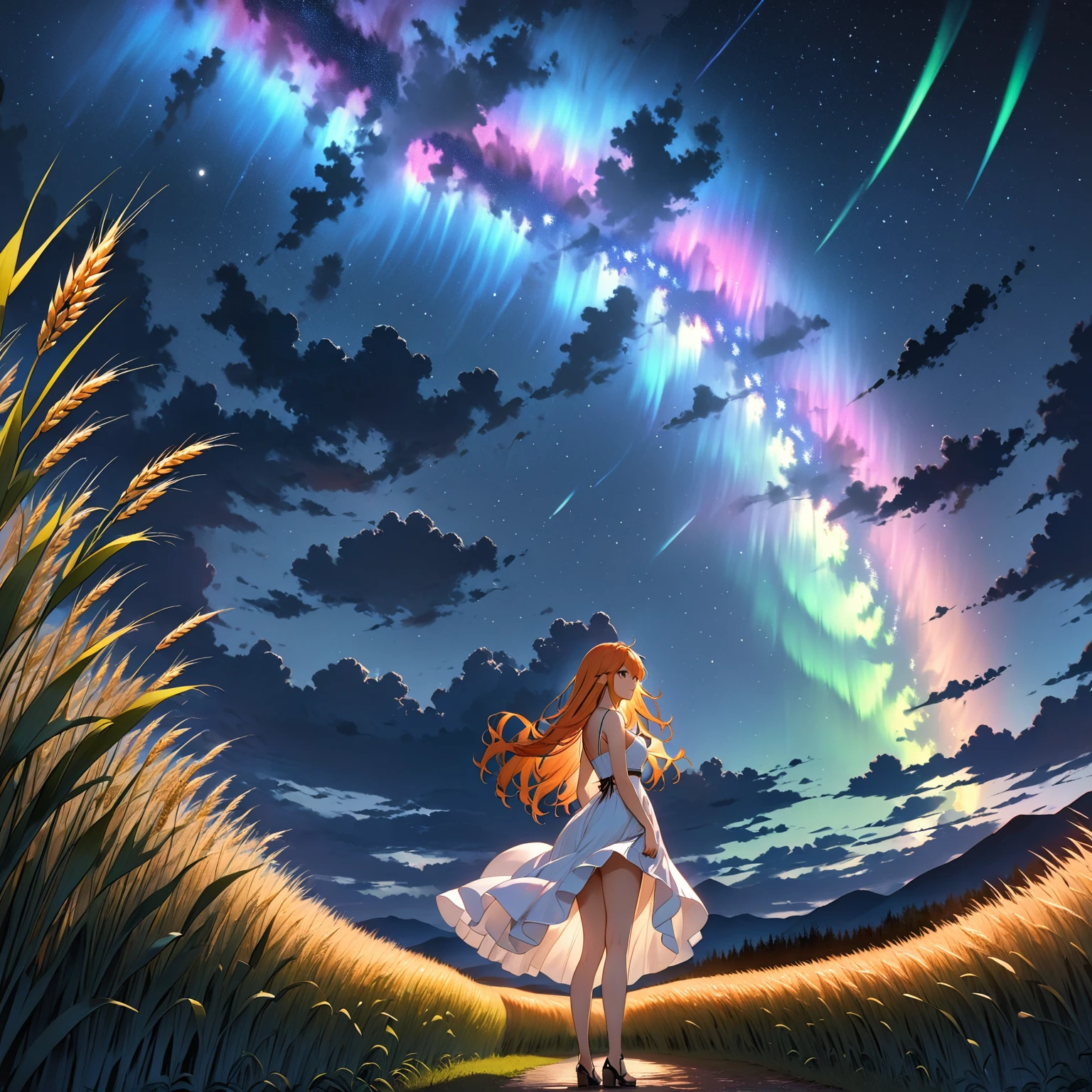 1 girl, alone, long orange hair, standing looking at the sky, revealing white dress, starry night, night with northern lights, fantasy night, giant moon, on a wheat background, view from below.