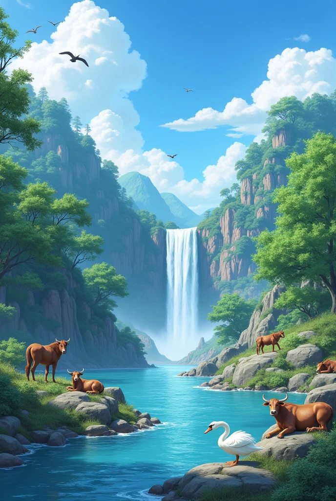 The image is a digital illustration of a beautiful landscape with a river flowing through it. The river is surrounded by lush greenery and trees on both sides. The sky is blue with white clouds and there are a few birds flying in the distance. On the right side of the image, there is a waterfall cascading down a rocky cliff. In the foreground, there are several animals, including a brown horse, a white swan, and several brown cows. The animals are standing on the rocks and boulders, and the water is a deep blue color. The overall scene is peaceful and serene, with a sense of natural beauty and tranquility.