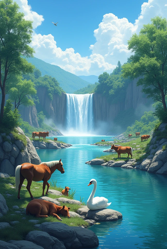 The image is a digital illustration of a beautiful landscape with a river flowing through it. The river is surrounded by lush greenery and trees on both sides. The sky is blue with white clouds and there are a few birds flying in the distance. On the right side of the image, there is a waterfall cascading down a rocky cliff. In the foreground, there are several animals, including a brown horse, a white swan, and several brown cows. The animals are standing on the rocks and boulders, and the water is a deep blue color. The overall scene is peaceful and serene, with a sense of natural beauty and tranquility.