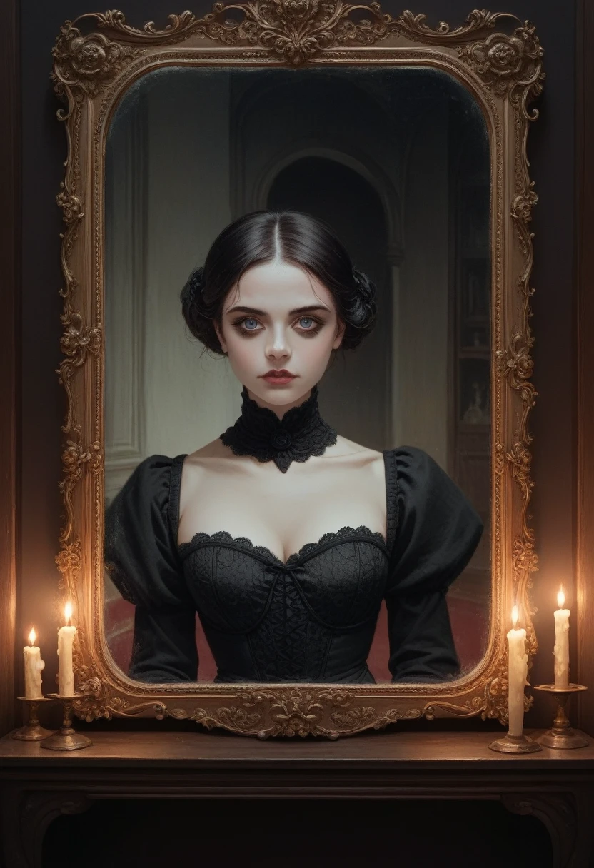 A dark and atmospheric oil painting featuring a stunning Victorian-era woman. She wears an elaborate, high-necked gown adorned with lace and intricate embroidery. Her expression is mysterious, with beautiful eyes that hint at hidden secrets. The setting is a dimly lit, gothic interior, with heavy velvet drapes, a grand fireplace, and an ornate, antique mirror reflecting the flickering light of a candelabrum. Shadows loom in the corners, and the air seems thick with an otherworldly presence, giving the scene an occult and eerie feel. (Nude Big boobs)), sexy, detailed face 