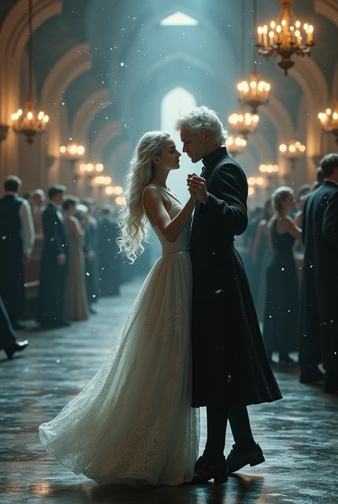 Realistic Beautiful, mature girl with grey moody eyes, long, curly white hair, at hogwarts, dancing with Tom Riddle at the Yule Ball