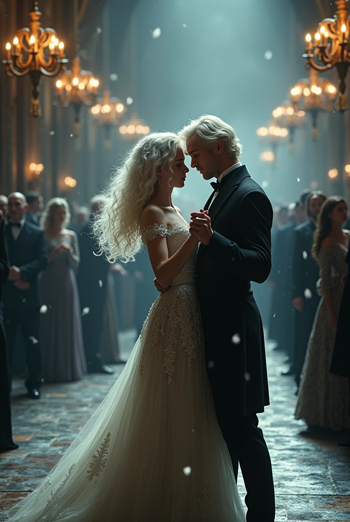 Realistic Beautiful, mature girl with grey moody eyes, long, curly white hair, at hogwarts, dancing with Tom Riddle at the Yule Ball