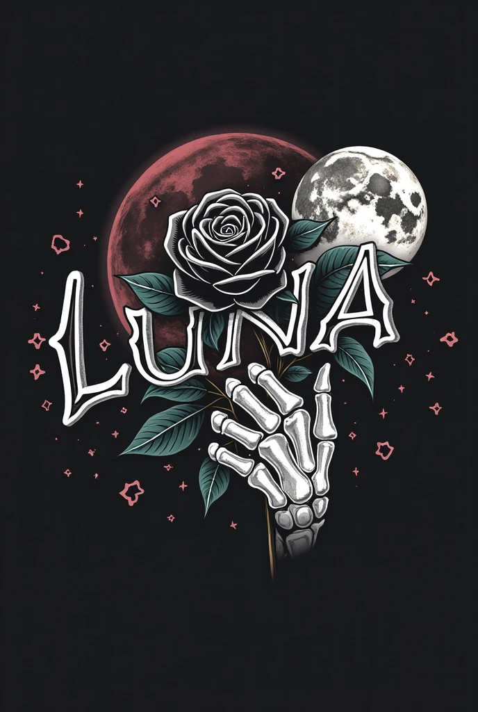 High resolution, logo spelling luxury “Luna” cool,  black roses with green leaves, blood moon, horror,  skeleton hand holding rose, 