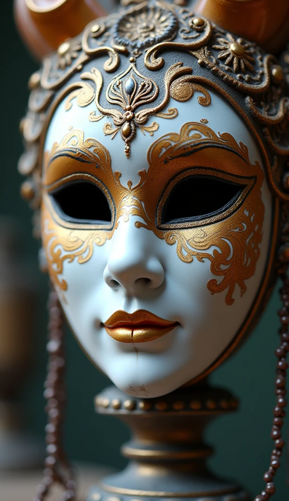 venice carnival ceramic mask, intricate details on mask, glossy white ceramic surface, intricate decorations, leaning against a stand, realistic, HDR,UHD,studio lighting,ultra-fine painting,sharp focus,physically-based rendering,extreme detail description,professional,vivid colors,bokeh,fantasy art