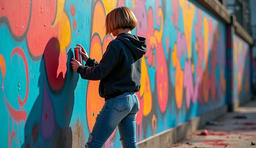 (masterpiece, best quality:1.2), (detailed, hyper-detailed, 8K HD, ultra-realistic:1.3), a young woman with a short bob hairstyle standing in front of a large wall, spray-painting vibrant graffiti. She is wearing a dark hoodie, ripped jeans, and sneakers. Her hands are stained with colorful paint, holding a spray can with confidence. The wall is covered in bright, bold colors as she creates a large, expressive piece of street art. The setting is urban, with a gritty, industrial feel. The scene is captured in a dynamic, energetic moment, with paint particles in the air, and the woman looks determined and focused, embodying the spirit of individuality and rebellion.