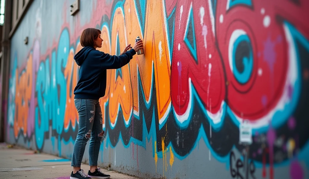 (masterpiece, best quality:1.2), (detailed, hyper-detailed, 8K HD, ultra-realistic:1.3), a young woman with a short bob hairstyle standing in front of a large wall, spray-painting vibrant graffiti. She is wearing a dark hoodie, ripped jeans, and sneakers. Her hands are stained with colorful paint, holding a spray can with confidence. The wall is covered in bright, bold colors as she creates a large, expressive piece of street art. The setting is urban, with a gritty, industrial feel. The scene is captured in a dynamic, energetic moment, with paint particles in the air, and the woman looks determined and focused, embodying the spirit of individuality and rebellion.
