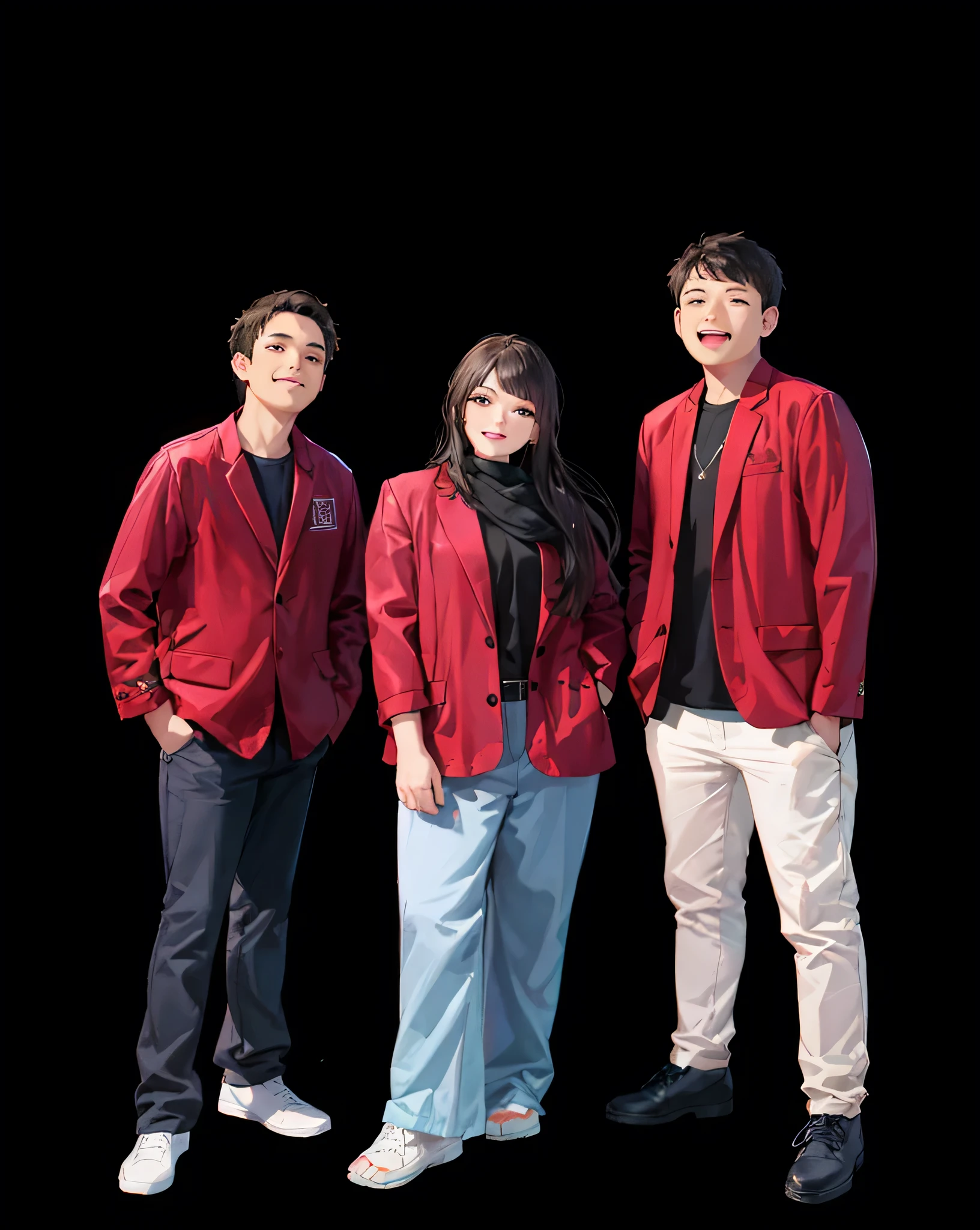 three people standing next to each other in a group, protrait, full protrait, potrait, photo portrait, portraiit, a picture, profile photo, taken at golden hour, portrait n - 9, band promo, full body photogenic shot, portrait full body, full body portrait of a group, full body photograph, profile pic, backup vocalists, (Masterpiece), (best detail), (Best quality), (((2D))), happy, small, (Young), good-looking