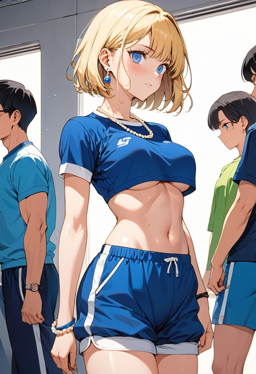masterpiece, Highest quality, High resolution, (Artificial Human Room No. 18),1990s \(style\),(E-cup beautiful breasts)、height: 170cm,Sweating all over the body、Muscular、((sexy))、(Browsing Caution),独奏,Anime-style painting style, Blonde, blue eyes, (Gym clothes for ren),(underboob),Bloomers,Pearl_necklace, bracelet, short hair, Short sleeve, Earrings,A composition that focuses on the whole body,(Cool face)、Pointed Eyes