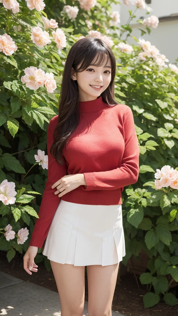 (masterpiece, Highest quality, High resolution), I grew four flowers. (oshi no ko), Sian Carcadigan, Summer Sweater, thin_red_shirt,mini skirt, Standing with a smile, Open clothes, alone,