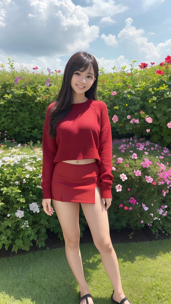 (masterpiece, Highest quality, High resolution), I grew four flowers. (oshi no ko), Sian Carcadigan, Summer Sweater, thin_red_shirt,mini skirt, Standing with a smile, Open clothes, alone,