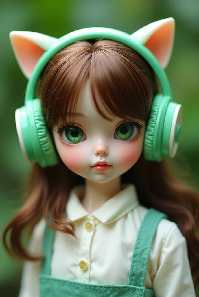 doll shape,Caucasian skin,greeneyes, big brown hair,white blouse,green kitten headphones green background