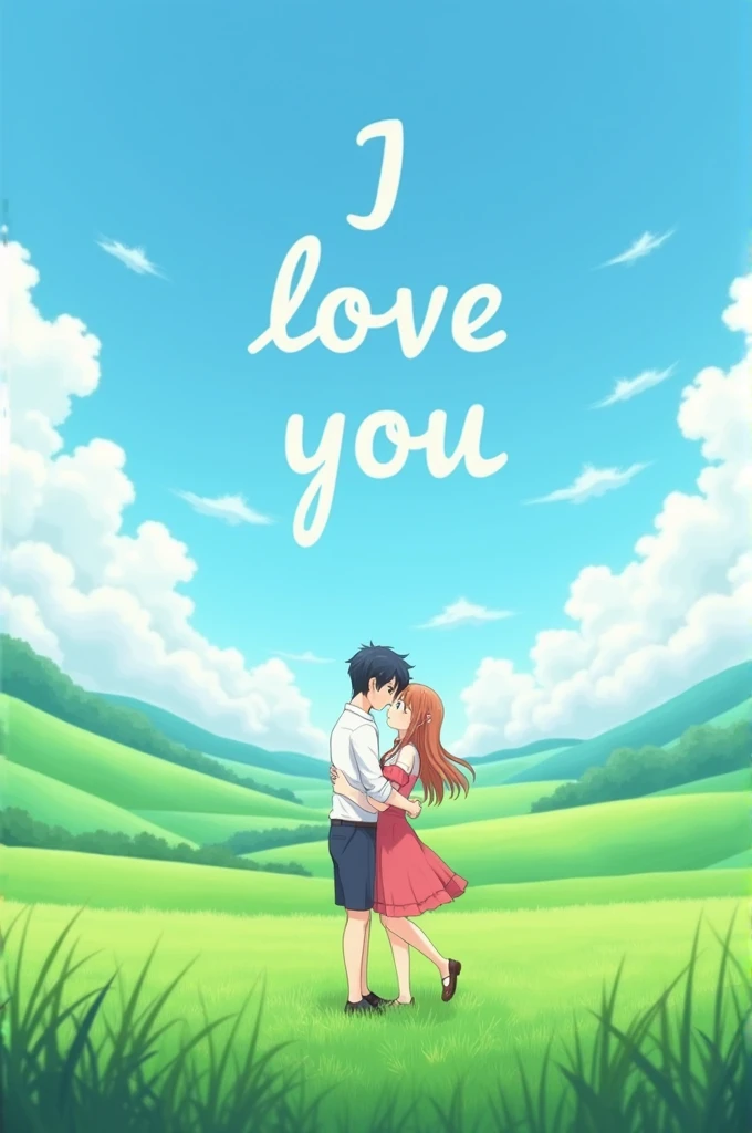 Anime couple in a open green field hugging and in the sky the line I Love You is written by the clouds 