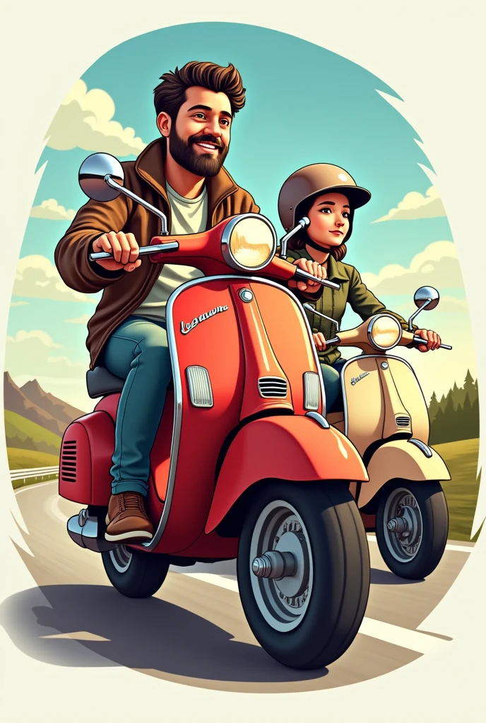 A logo of a father and daughter riding their motorcycles, He on a Vespa and she on a big motorcycle that says LOS PAZMI EN RUTA