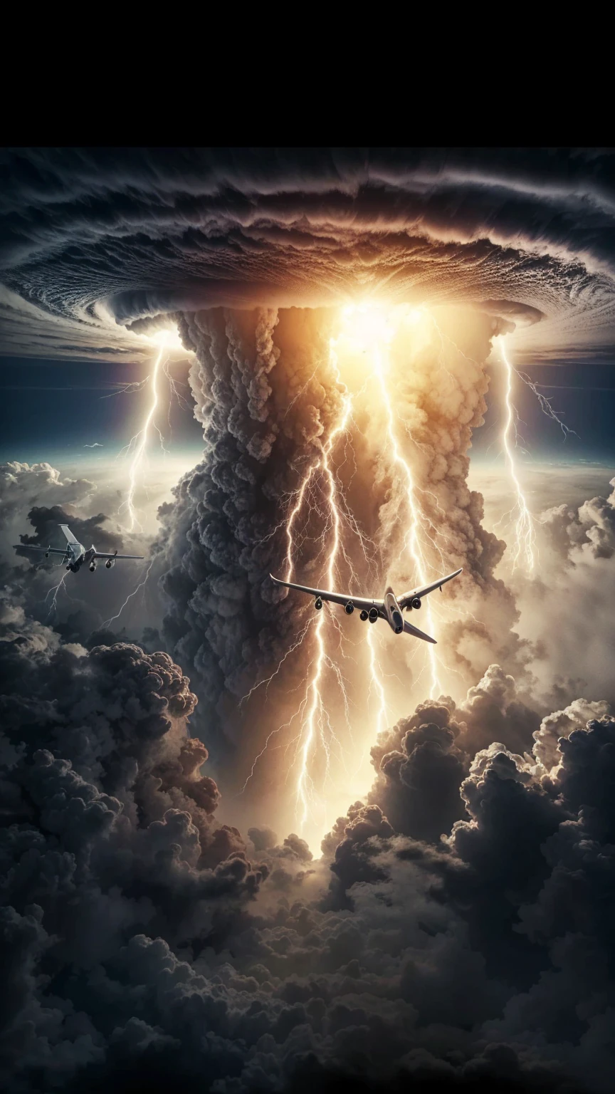 Full and very real image. Two planes crashing in unison due to a huge storm. Photorealism, full view, very detailed image, very realistic, Ultra HD