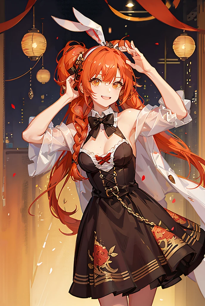 high resolution, 1 , shorth hair, hair orange,Eyes red, Hair with low double braids, laughter, breastsout, bunny ears, jewel, motion lines,