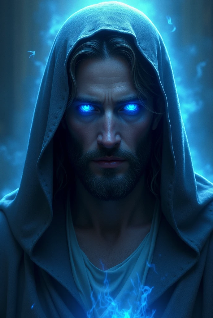 Jesus Christ blue eye, hood, glowung