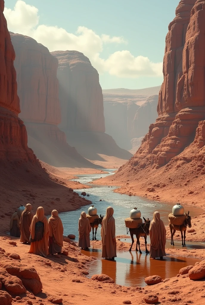 Une image d'une rivière coulant dans une vallée aux roches rouges, comme celles d'Australie. Une image réaliste et plus précise de la vallée, résolution 4K, femmes bédouines au milieu. vallée, les jambes presque nues, remplissant des bocaux. Il y a des ânes avec des bocaux dessus. La scène est proche du fond de la rivière.