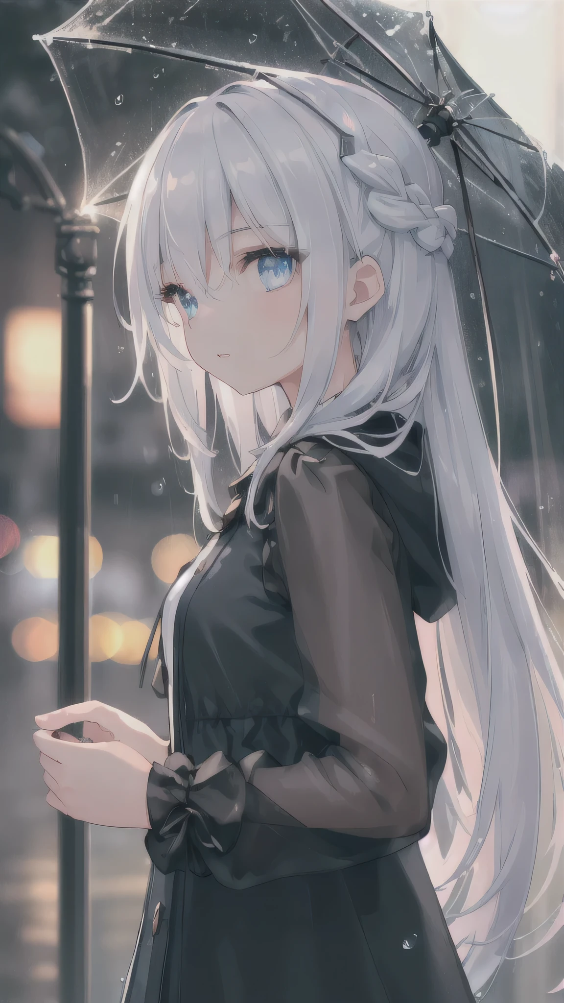 (masterpiece:1.21), (best quality:1.331), ((ultra-detailed)), ((extremely best illustration)), ((amazing)), (hyper quality), Gorgeous and rich graphics,
(extremely delicate and beautiful:1.21), 8k, wallpaper, (extremely beautiful lighting), hard light, delicate composition, (perfect conposition), (extremely beautiful and detailed background:1.21), rembrandt style expression of light and shadow, dark tone, (low-key and high-variance colorscale), ((depth of field)), deep shadow,
dynamic angle, from side, upper body, radial blur,
rain, (city lights, blurry background),
(1girl),(beautiful detailed eyes), clear blue eyes, long and silver french braid hair,
fatigues,
transparent raincoat, wet clothes and wet skin and dripping wet hair,
lens flare, string lights, street,, masterpiece, best quality,