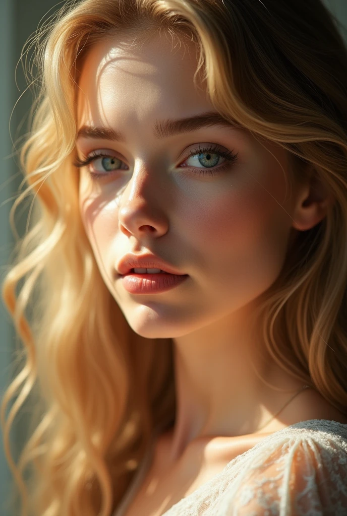 a beautiful young girl with golden hair and blushing cheeks, extremely detailed and realistic facial features including beautiful eyes, lips, long eyelashes, high quality 8k resolution, intricate details, soft lighting, warm color tones, cinematic composition, elegant, graceful, serene expression