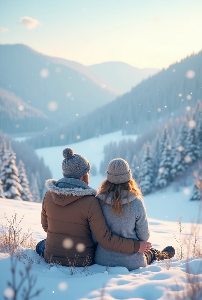 Beatiful couple sit out the house Beatiful nature hills snow blow air and snow