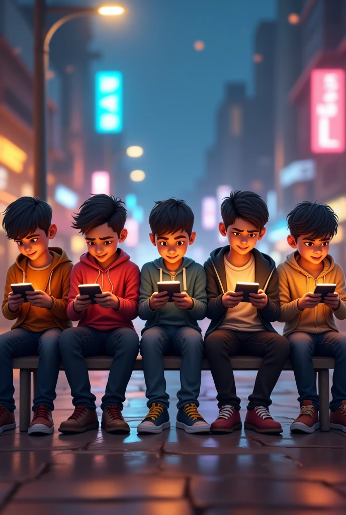 5 boy's siting in bench and playing free fire. There names are Sujit,Priyanshu,Ritesh,Love,Shubam. Generate the image