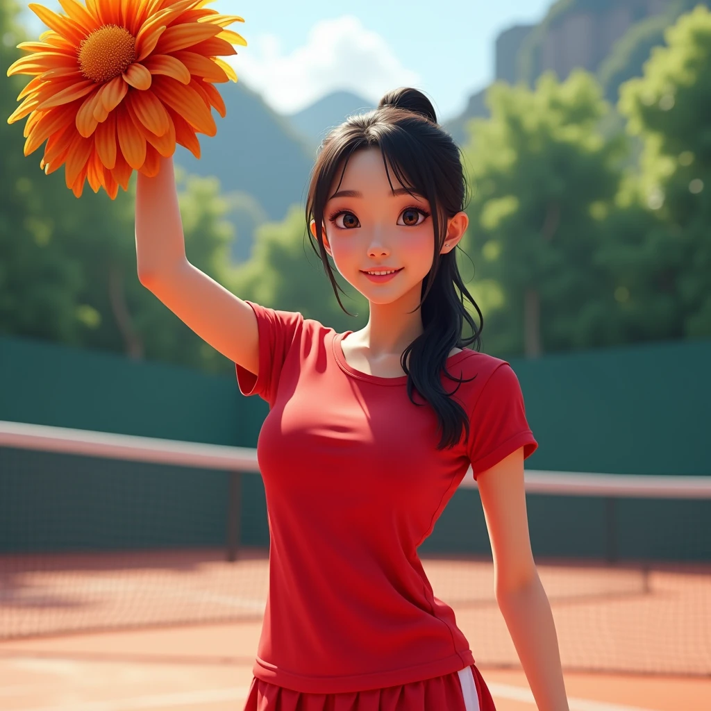 A beautiful asian girl is cheer leader, t shirt red, looking viewer, facing the viewer, excitement on the face, hand lifting cheerleading flower, back ground at tennis. realictics, You should not describe the chest and genital areas, full body image