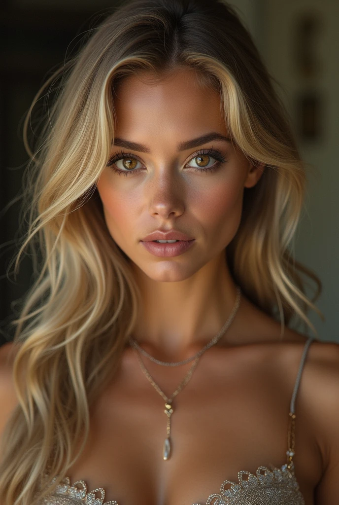 1girl in, 19, Solo, Long hair, Colossal , Looking at Viewer, blondehair, Bare shoulders, Brown eyes, jewely, Full body, a necklace,Realistic, A sexy