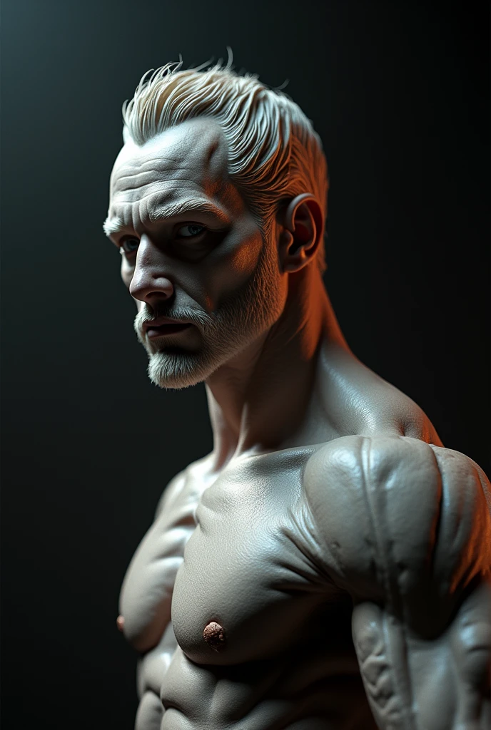 a highly detailed, extremely photorealistic, hyper-realistic 3D render of a humanoid with a prominent jawline, detailed facial features, intense gaze, muscular body, hyper-detailed skin textures, dramatic lighting, cinematic composition, award-winning CGI, 8K resolution