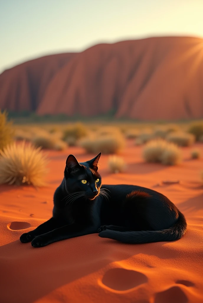 A peaceful black cat lounging on the red sands near the base of Uluru (Ayers Rock) in Australia. The massive sandstone monolith rises majestically in the background, with its rich red hues glowing under the warm sunlight. The cat’s sleek black fur contrasts beautifully with the earthy tones of the landscape. The scene captures the tranquil and spiritual essence of the Outback, as the cat enjoys a moment of calm in this iconic, sacred location.”