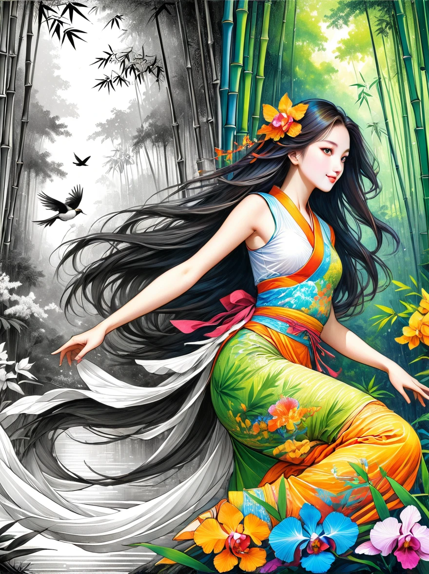 A beautiful female dancer, Floating clothes, Flowing long hair,Dynamic poses,

((bamboo forest))，[[[orchid]]]，[[[bird]]]，Works should be rendered in pencil sketch style，Transition from black and white on the left half to bright colors on the right half，Ensure seamless integration between the two halves，No dividing line，The scene is the same on both sides，Black and white pencil detail on left side，Right fill color，The mixture formed in the whole image，Perfect details, Strong contrast between light and dark