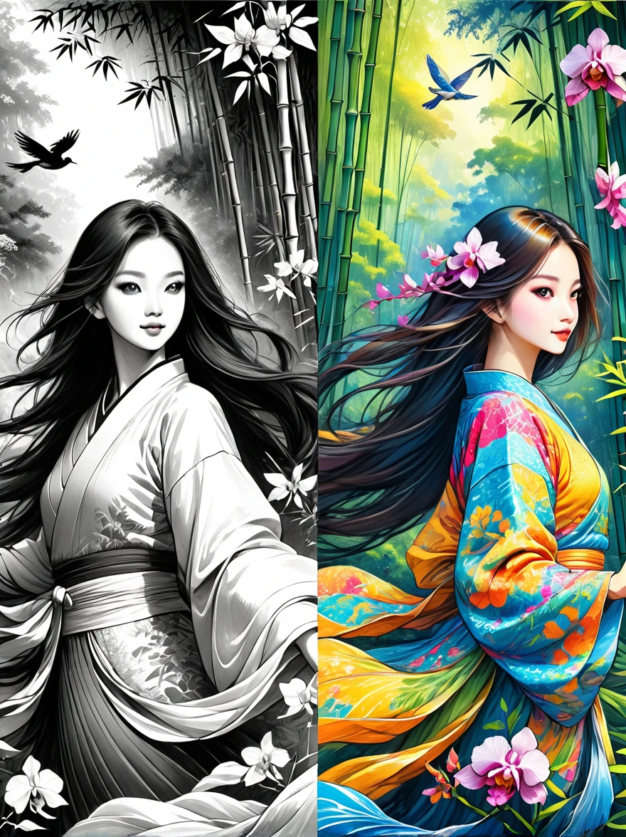 A beautiful female dancer, Floating clothes, Flowing long hair,Dynamic poses,

((bamboo forest))，[[[orchid]]]，[[[bird]]]，Works should be rendered in pencil sketch style，Transition from black and white on the left half to bright colors on the right half，Ensure seamless integration between the two halves，No dividing line，The scene is the same on both sides，Black and white pencil detail on left side，Right fill color，The mixture formed in the whole image，Perfect details, Strong contrast between light and dark